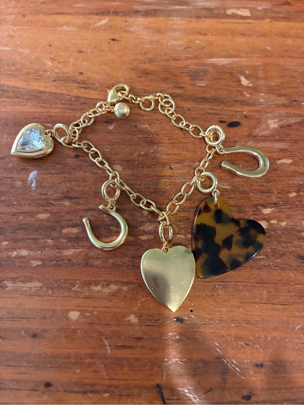Gold Heart Charm Bracelet with Tortoiseshell Accent - Women Jewelry